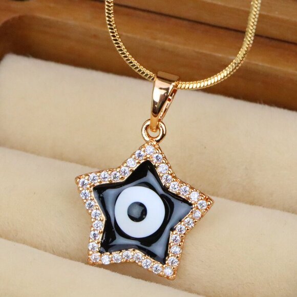 "Rose Gold Star Pendant with Black Evil Eye and CZ Accents, XPPT1380 - Picture 1 of 12